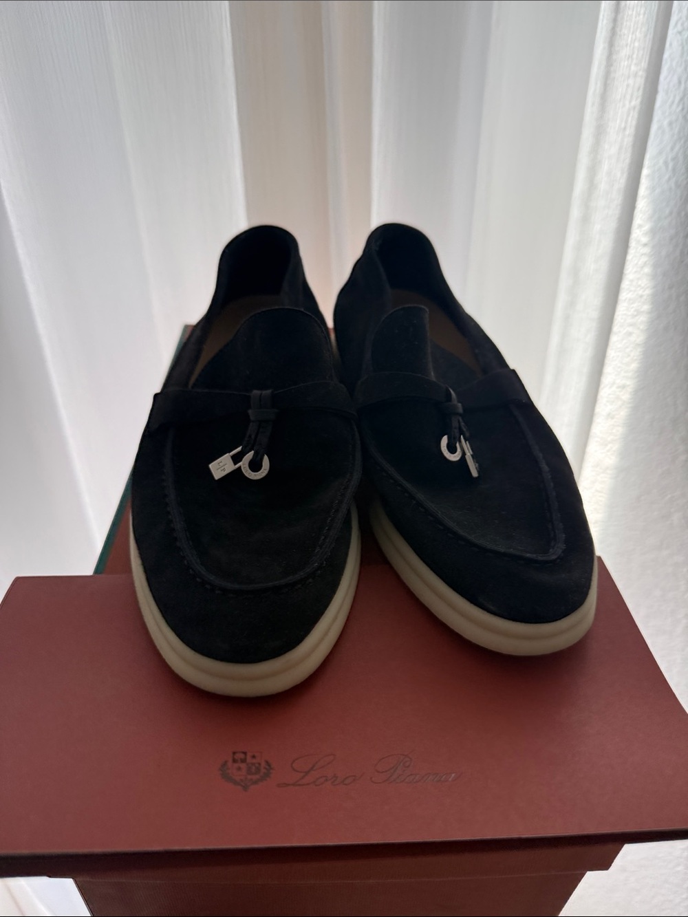 Loro Piana Black Suede Tassel Loafers with Cream Sole